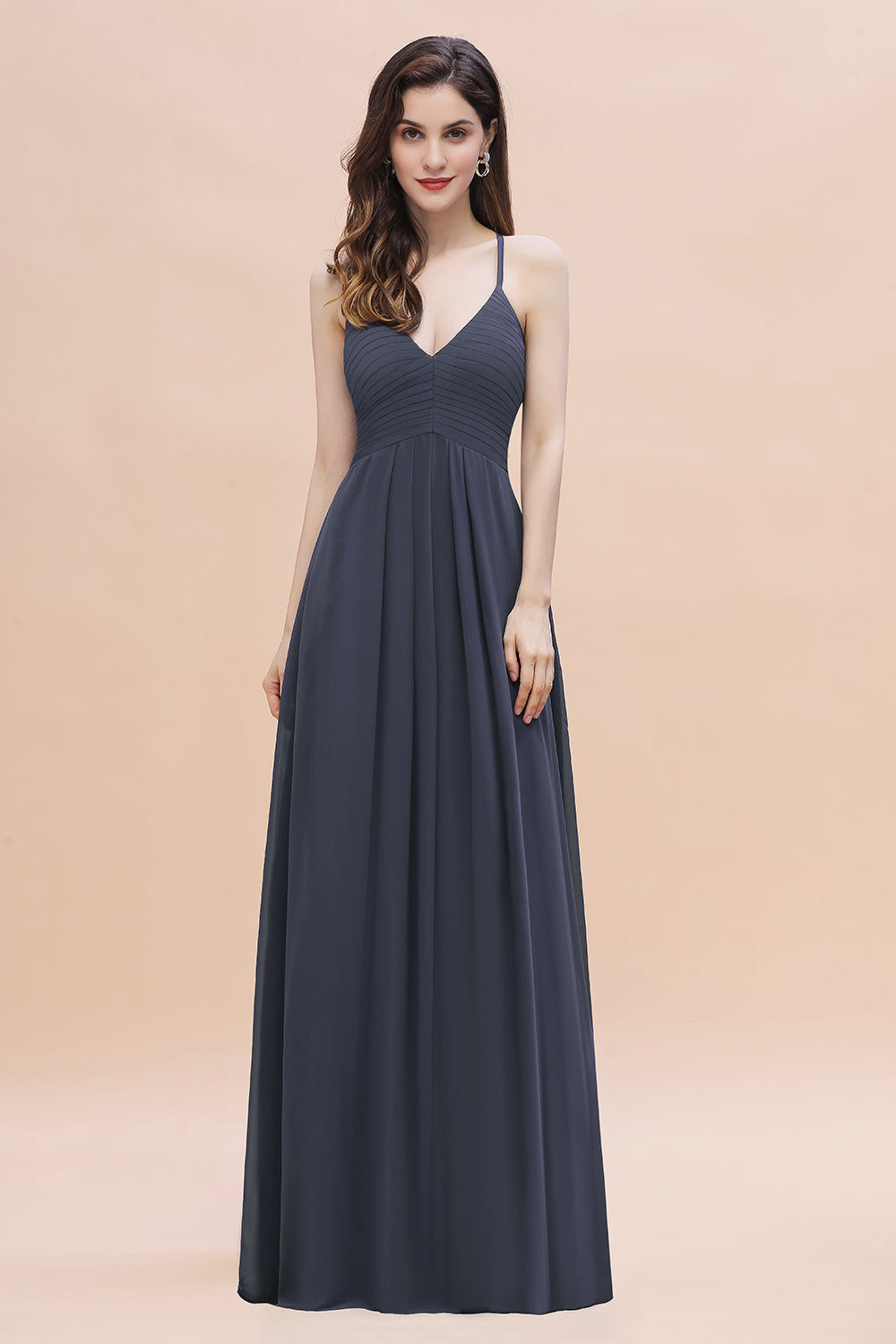 Simple Spaghetti Straps Stormy Chiffon Bridesmaid Dresses with Ruffles On Sale - Fashionpara