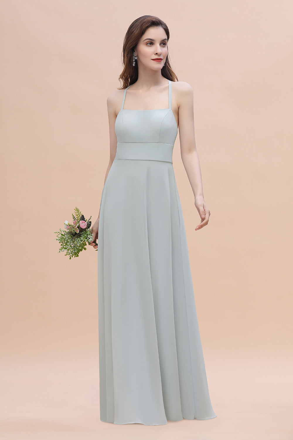 Simple Straps A-line Chiffon Mist Bridesmaid Dresses with Ruffles - Fashionpara