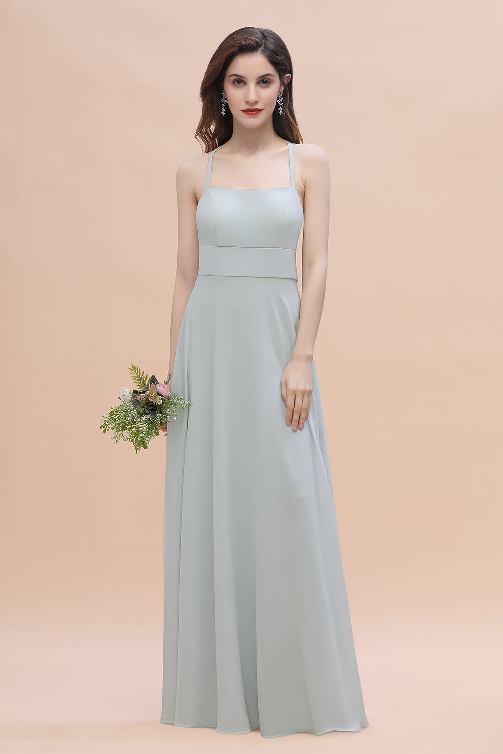 Simple Straps A-line Chiffon Mist Bridesmaid Dresses with Ruffles - Fashionpara