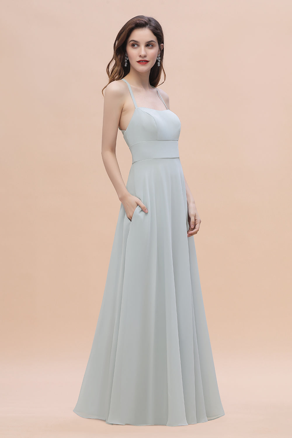 Simple Straps A-line Chiffon Mist Bridesmaid Dresses with Ruffles - Fashionpara