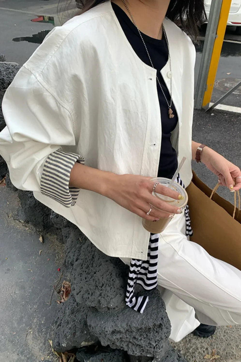 Simple Striped Sleeve Patchwork Casual Jacket