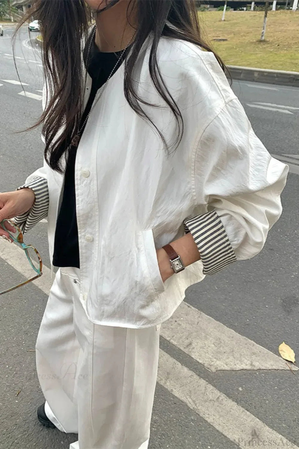 Simple Striped Sleeve Patchwork Casual Jacket