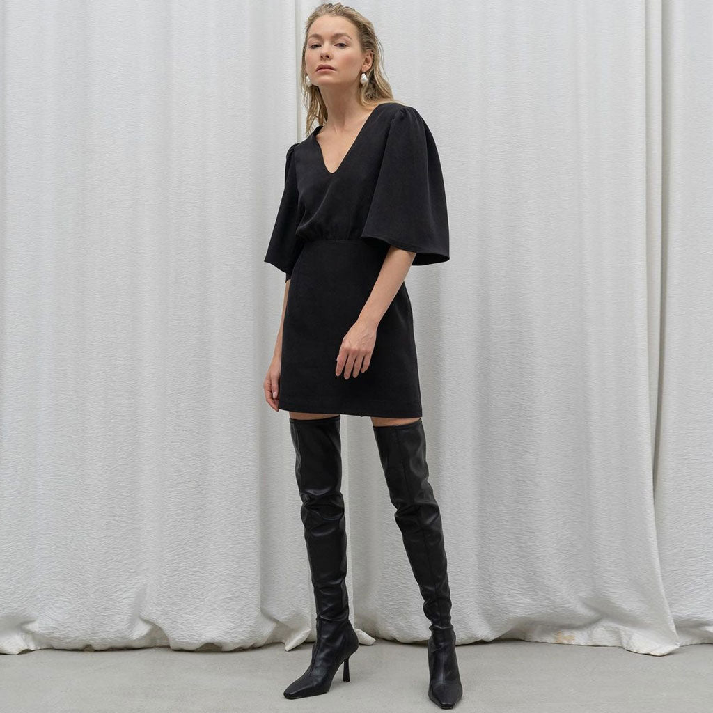 V-Neck Flutter Sleeve Blouson Shift Mini Dress
