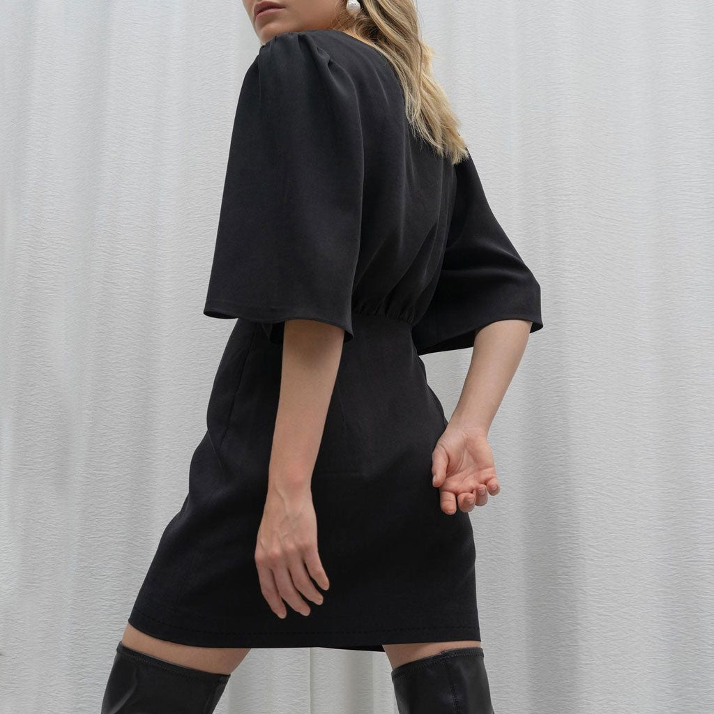 V-Neck Flutter Sleeve Blouson Shift Mini Dress 2