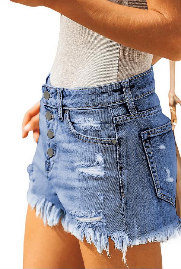 Single-row Button Slim High-waist Hairy Hem Hot Pants