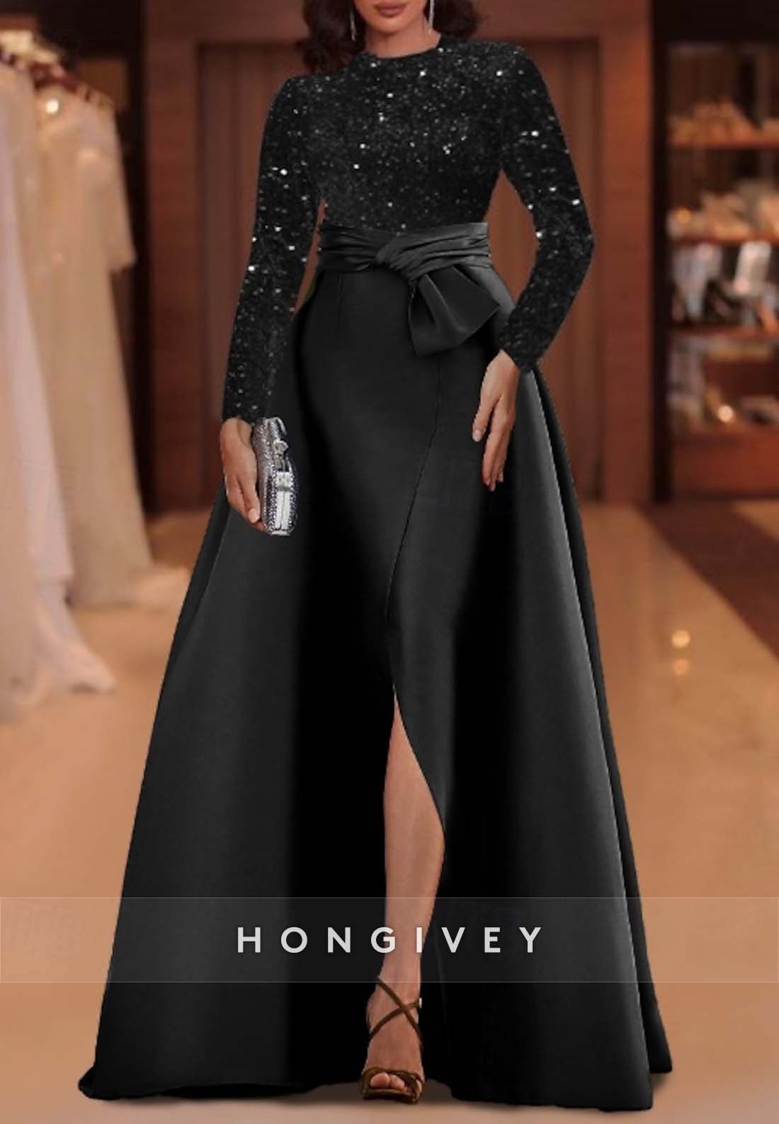 Back Hole Floor-Length Long Sleeve Pleated Glitter A-line Bowknot Evening Gown