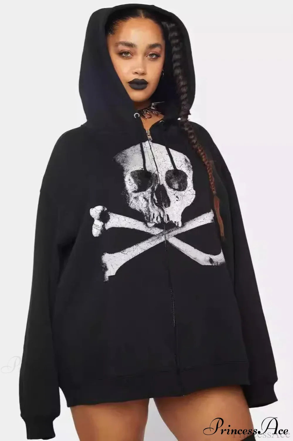 Skull Print Zip Up Hoodie