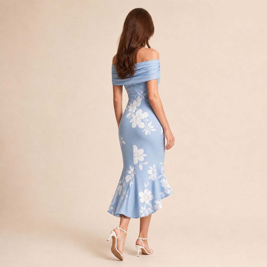 Off Shoulder Twist Front Floral High Low Fishtail Midi Dress 3