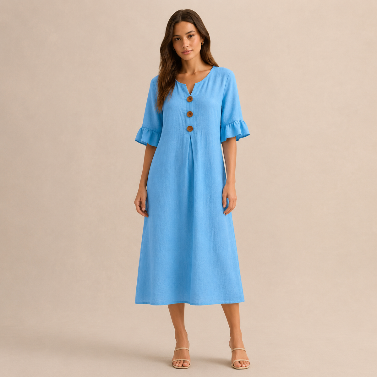 Notch Neck Wooden Button Front Pleated A-Line Midi Dress 13