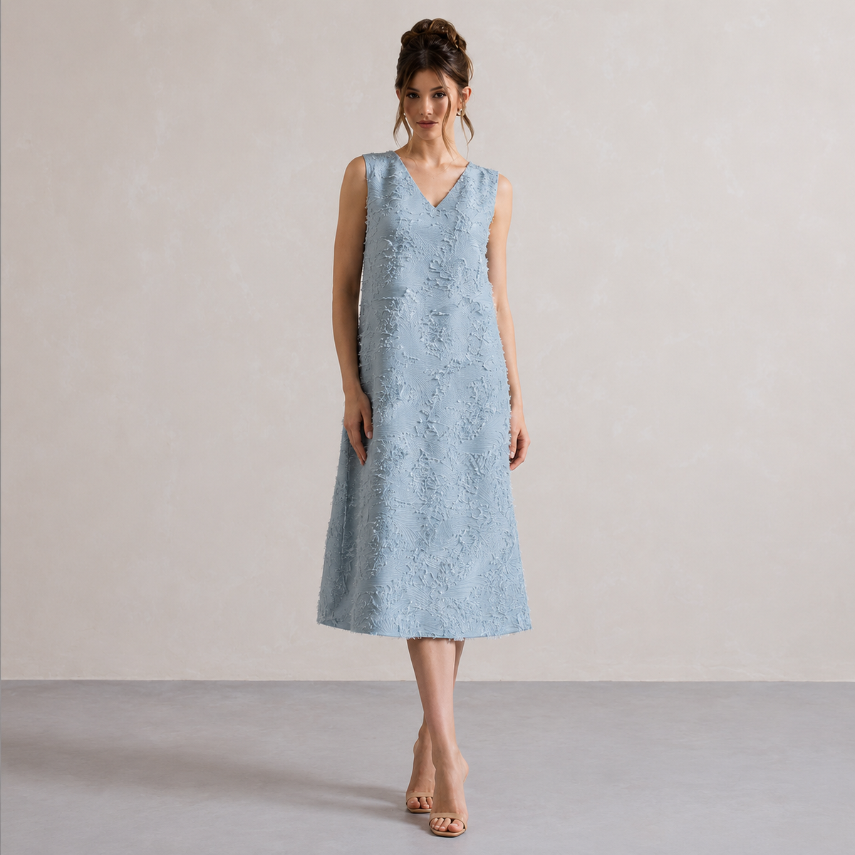 V-Neck Sleeveless Textured Fringe Shift Midi Dress 5