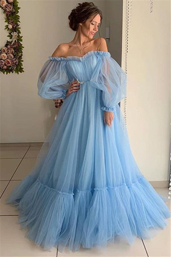 Sky Blue Long Sleeves Prom Dress Mermaid Tulle Evening Gowns - Fashionpara