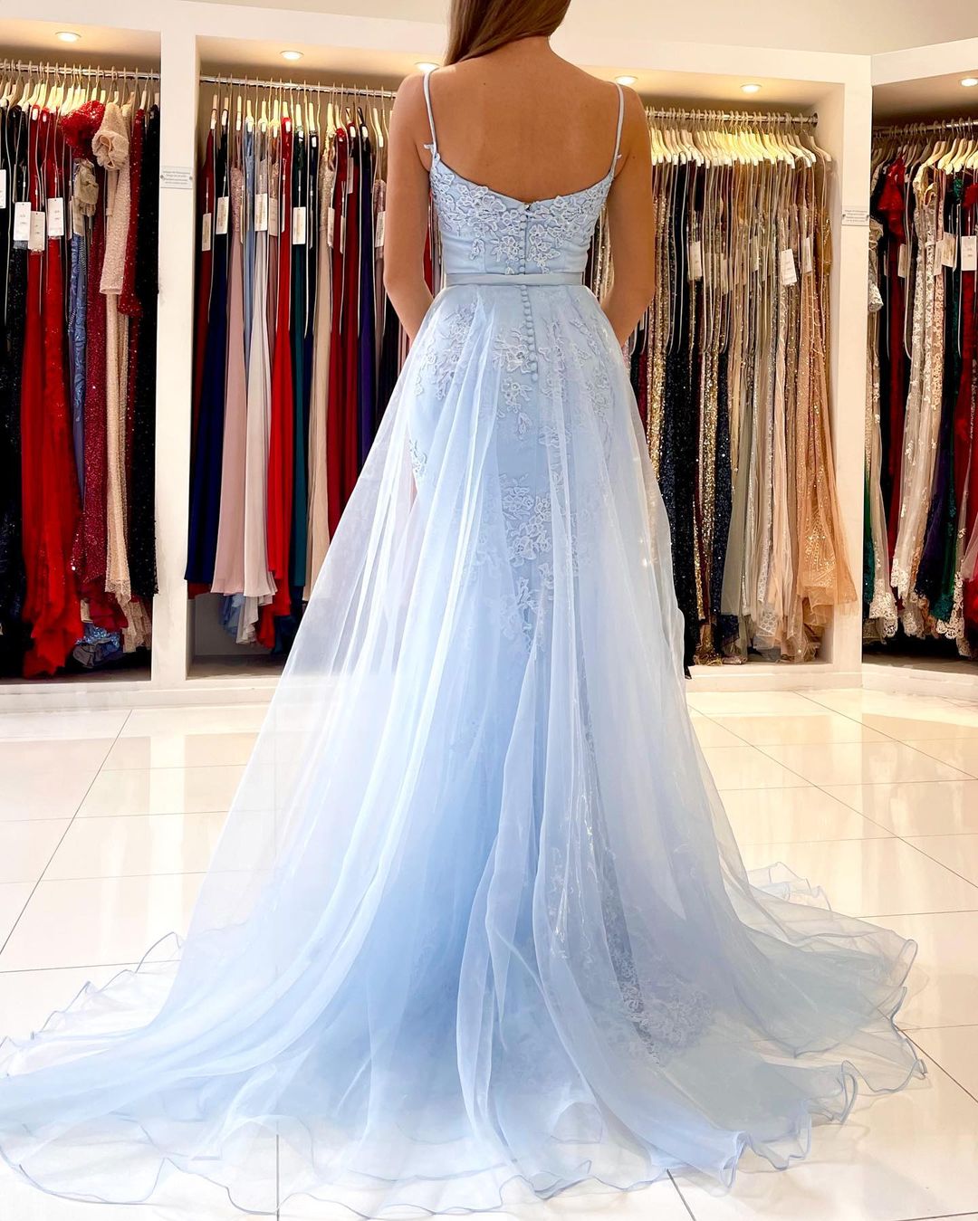 Sky Blue Spaghetti-Straps Prom Dress Mermaid With Lace Appliques - Fashionpara