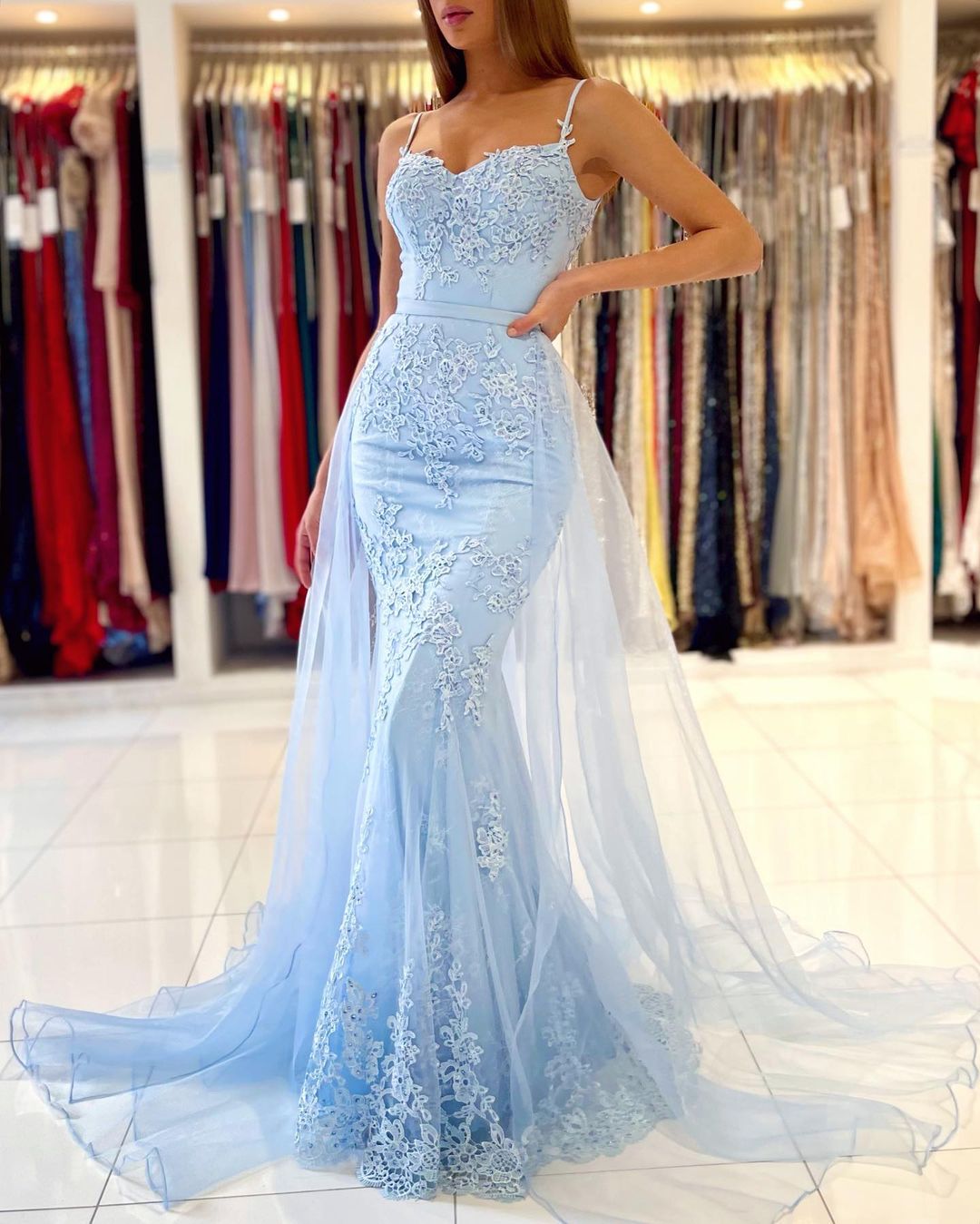 Sky Blue Spaghetti-Straps Prom Dress Mermaid With Lace Appliques - Fashionpara
