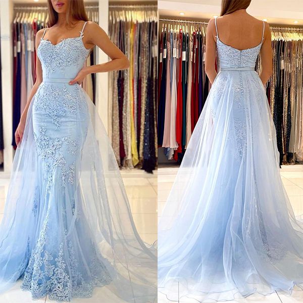 Sky Blue Spaghetti-Straps Prom Dress Mermaid With Lace Appliques - Fashionpara