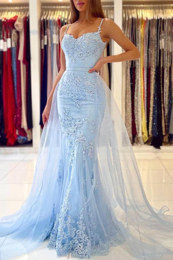 Sky Blue Spaghetti-Straps Prom Dress Mermaid With Lace Appliques - Fashionpara