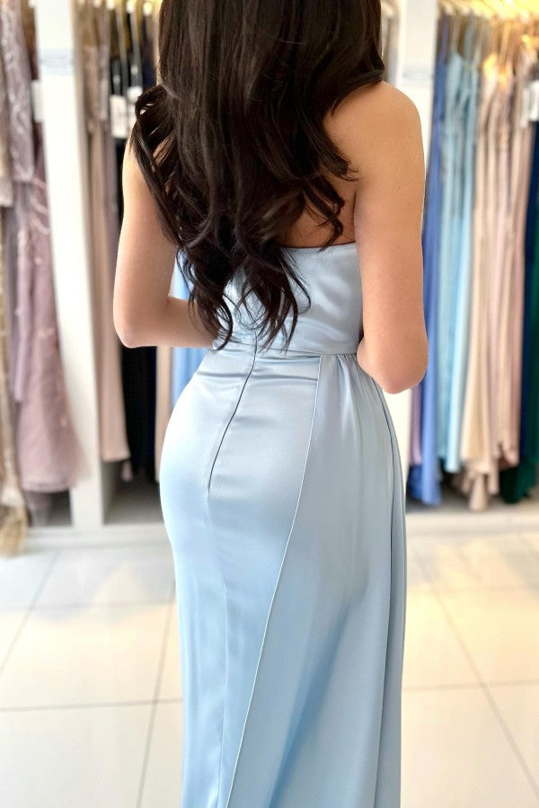 Sky Blue Strapless Pleat Prom Dress Mermaid With Slit Ruffles - Fashionpara