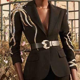 KittenAlarm - Skyla Long Sequin Blazer With Flare Pants