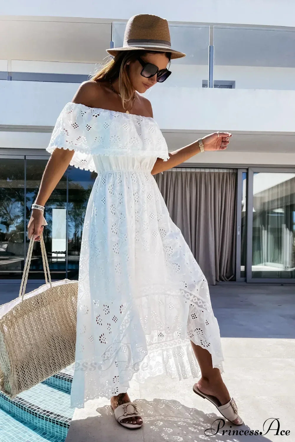 Slash Neck Embroidery Lace Hollow Out Maxi White Boho Dress