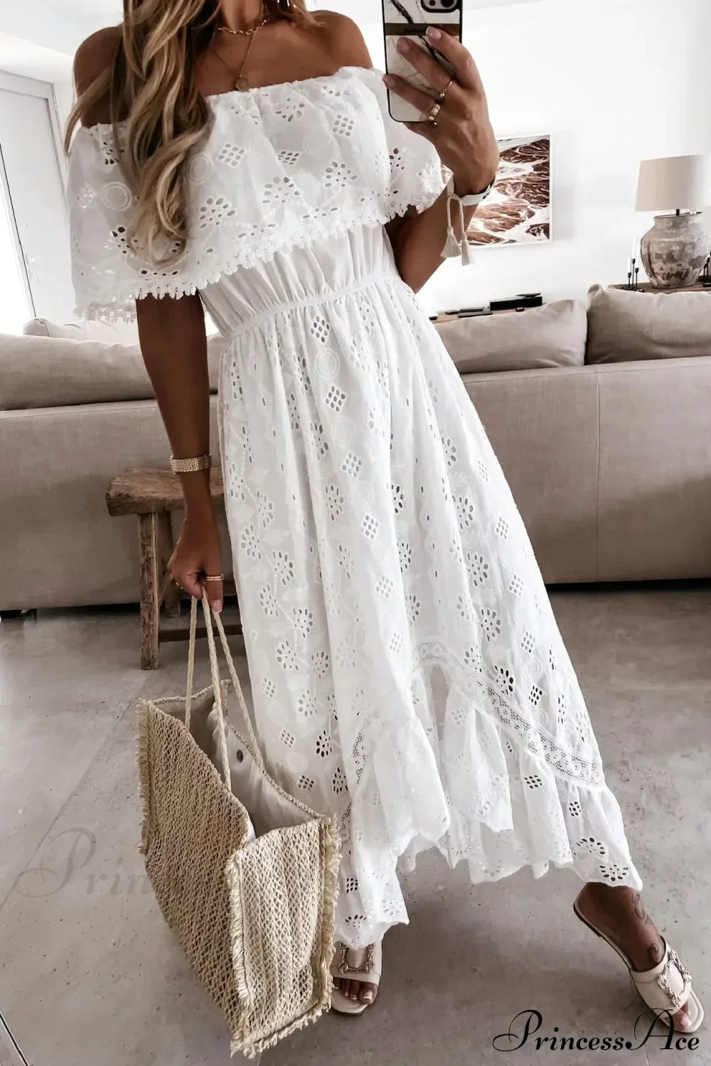 Slash Neck Embroidery Lace Hollow Out Maxi White Boho Dress