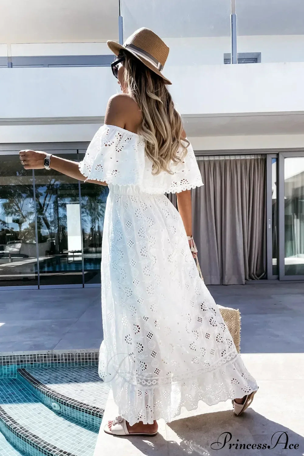 Slash Neck Embroidery Lace Hollow Out Maxi White Boho Dress