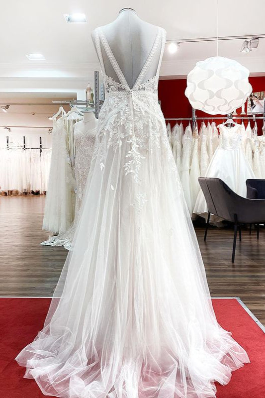 Sleeveless Ivory Lace Appliques A-Line Wedding Dresses - Fashionpara