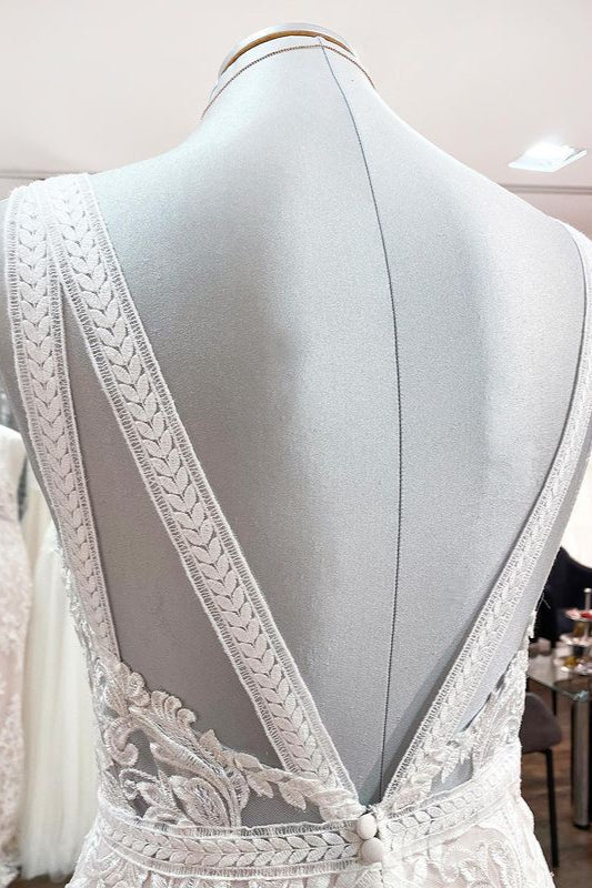 Sleeveless Ivory Lace Appliques A-Line Wedding Dresses - Fashionpara