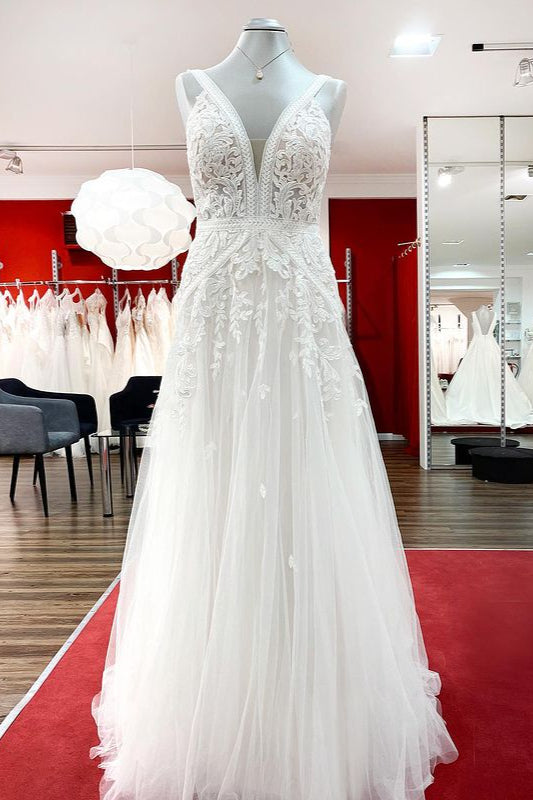 Sleeveless Ivory Lace Appliques A-Line Wedding Dresses - Fashionpara