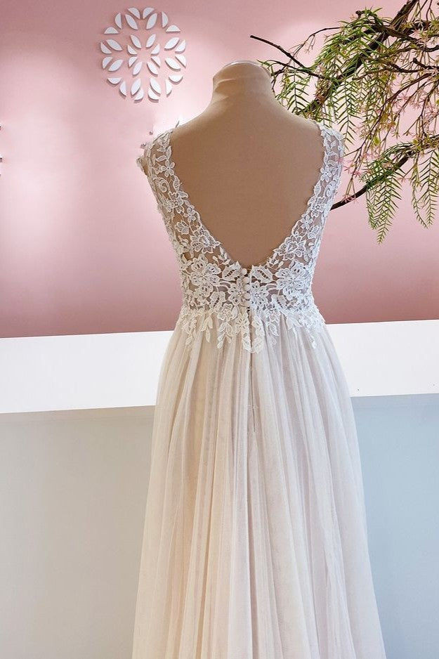 Sleeveless Long Wedding Dress Lace Appliques Tulle Bridal Gown - Fashionpara