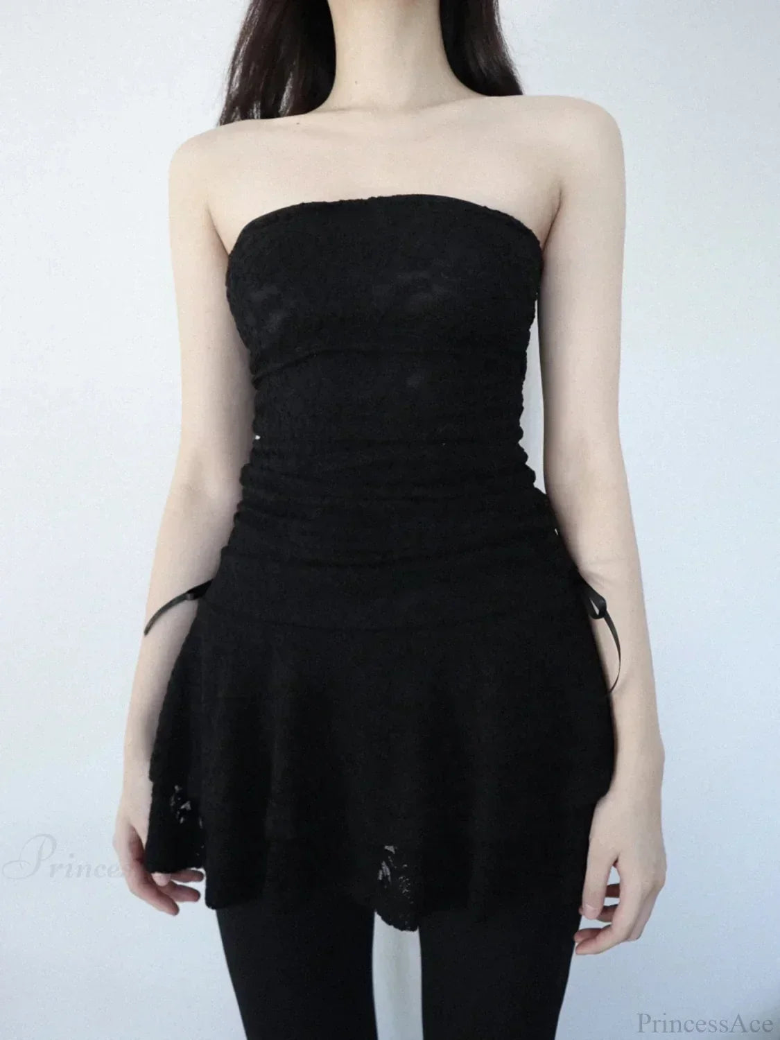 Strapless Lace Ruched Tiered Ruffle Scalloped Hem Cocktail Mini Dress