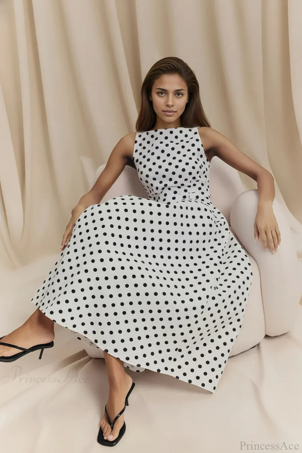Polka Dot Square Neck Drop Waist Maxi Dress 3