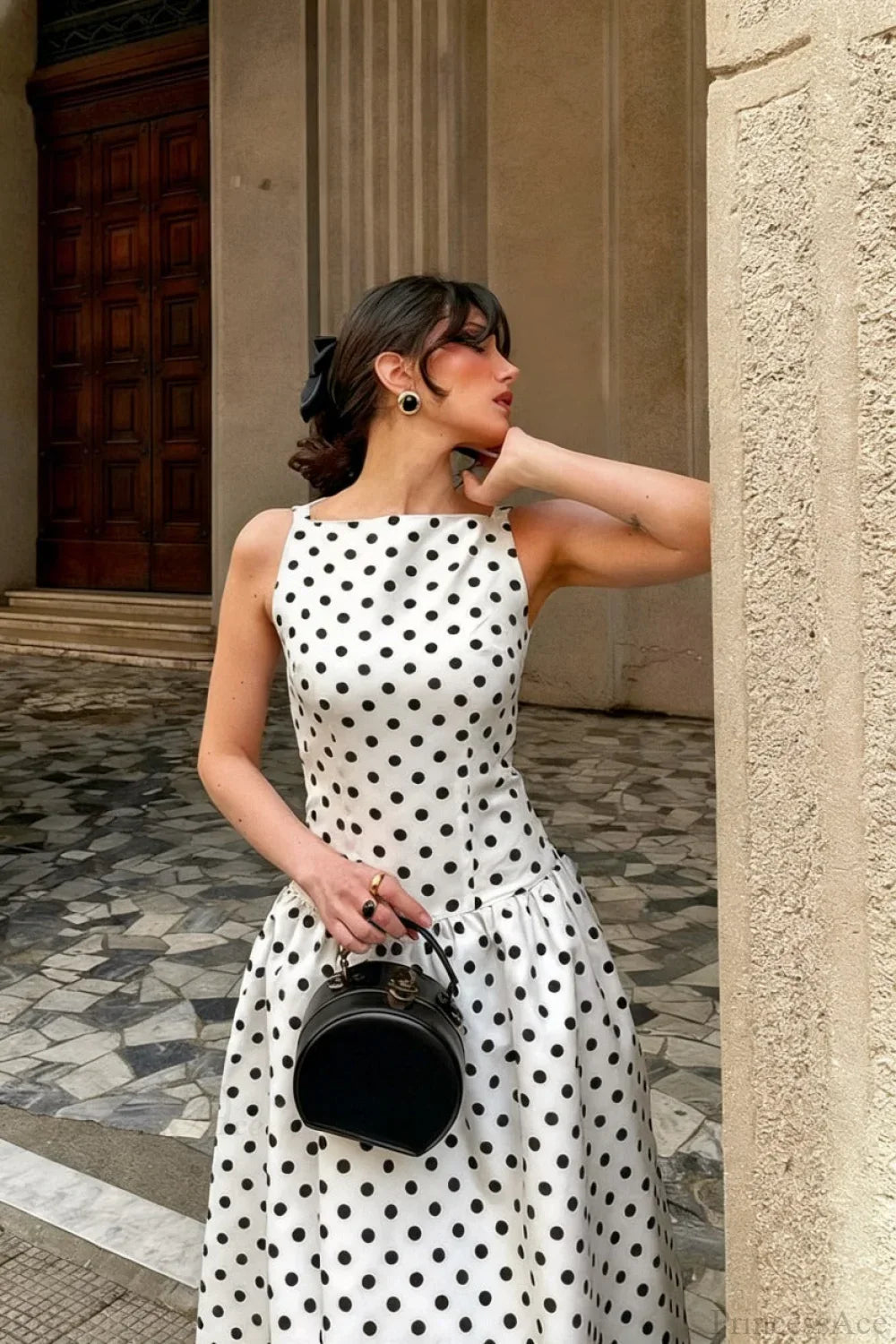 Polka Dot Square Neck Drop Waist Maxi Dress