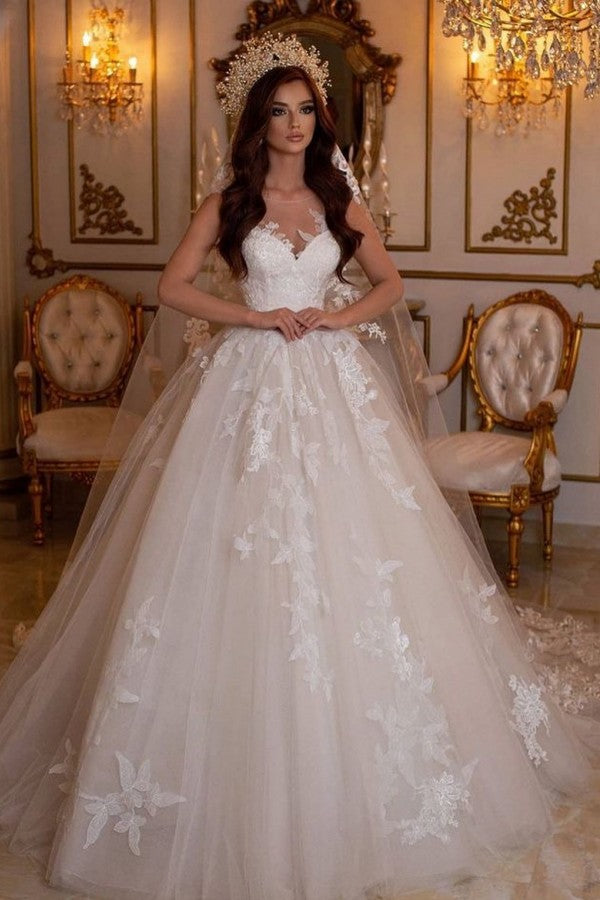 Sleeveless Princess Tulle Wedding Dress With Appliques - Fashionpara