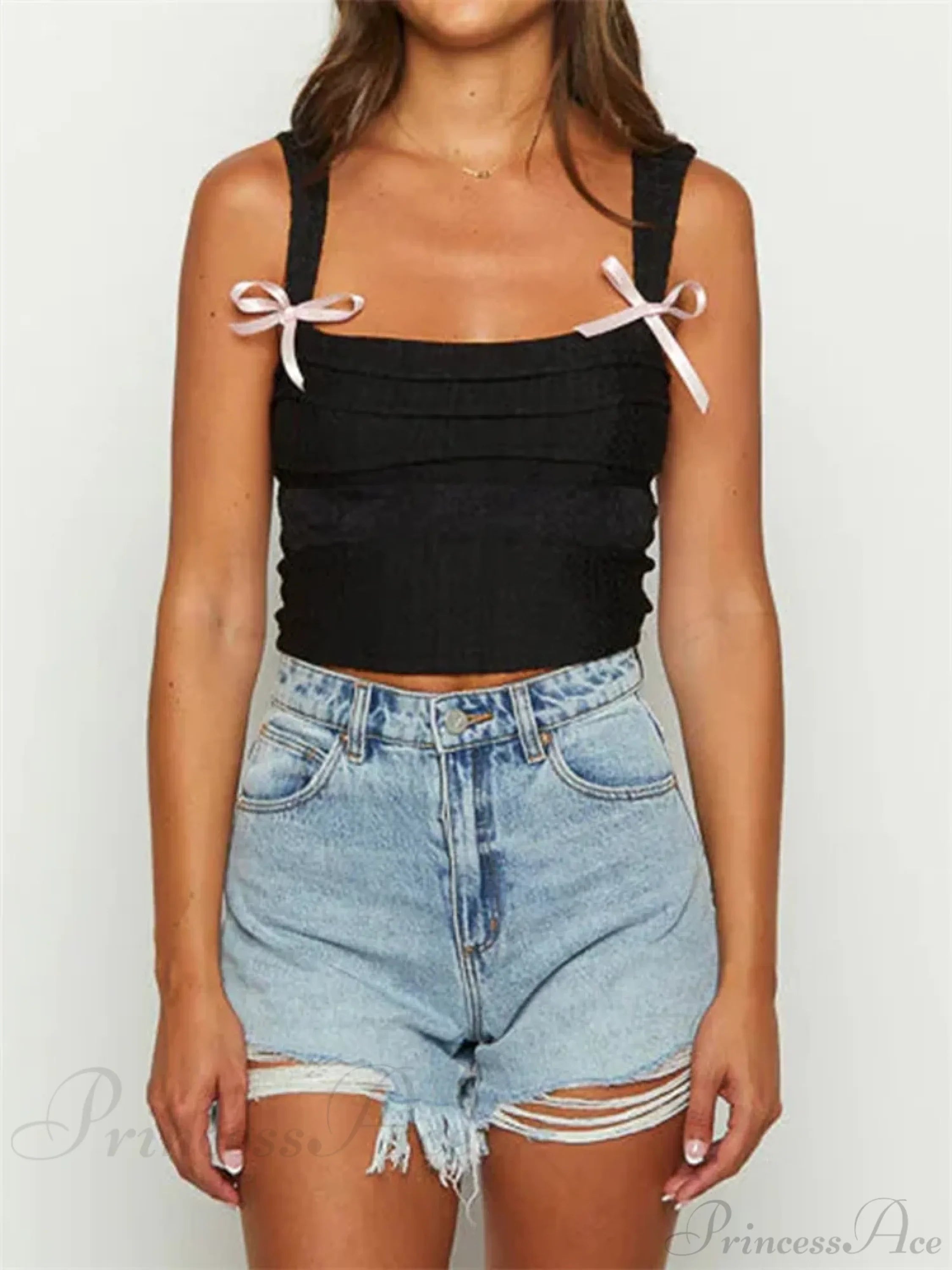 Sleeveless Square Neck Bow Tie-up Crop Top