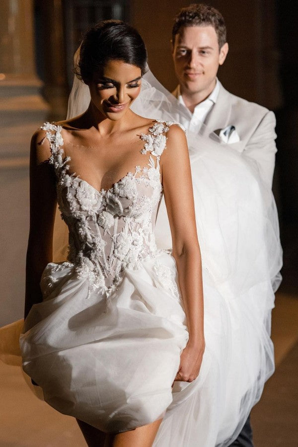 Sleeveless Tulle Wedding Dress Long With Appliques - Fashionpara