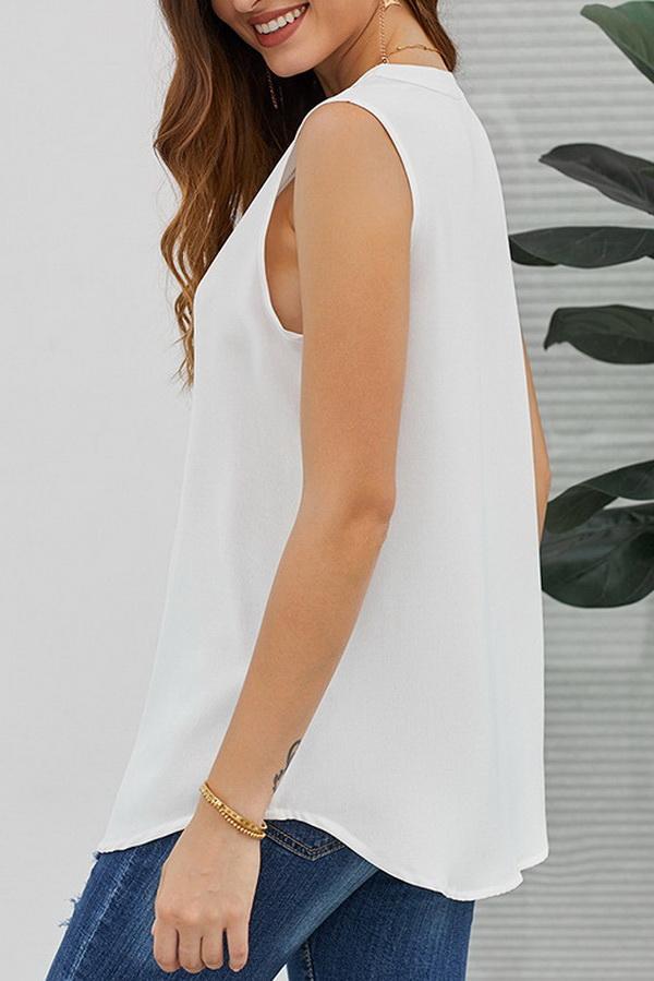 Sleeveless V-neck Single-button Pure-color Blouse - Fashionpara