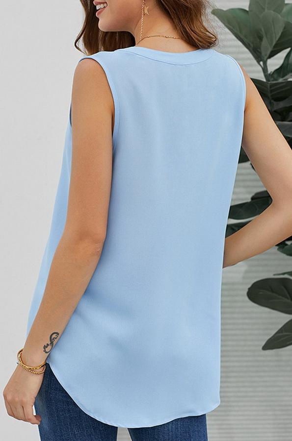 Sleeveless V-neck Single-button Pure-color Blouse - Fashionpara