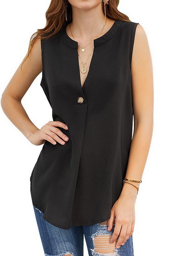 Sleeveless V-neck Single-button Pure-color Blouse - Fashionpara