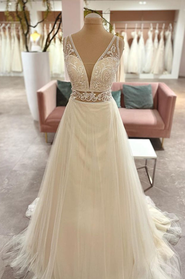 Sleeveless V-Neck Wedding Dress Lace Tulle Bridal Gowns - Fashionpara