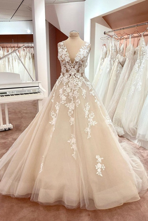 Sleeveless V-Neck Wedding Dress Long With Appliques - Fashionpara