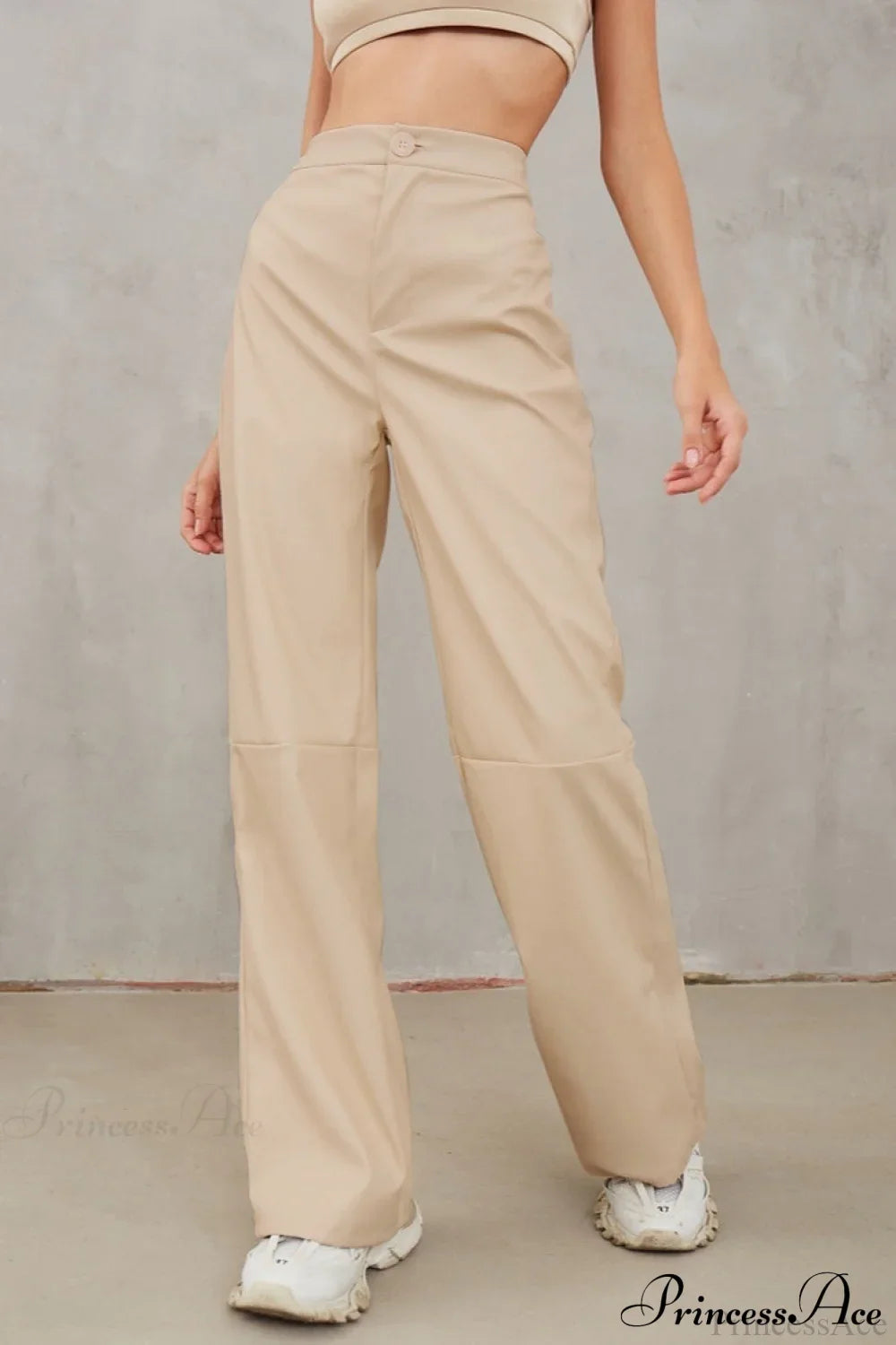 Slim Faux Leather High Waist Wide Leg Pants Apricot / S