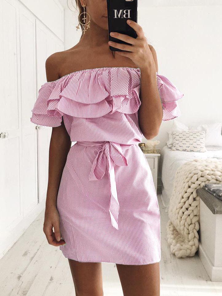 Striped Off Shoulder Ruffle Tie Waist Mini Dress