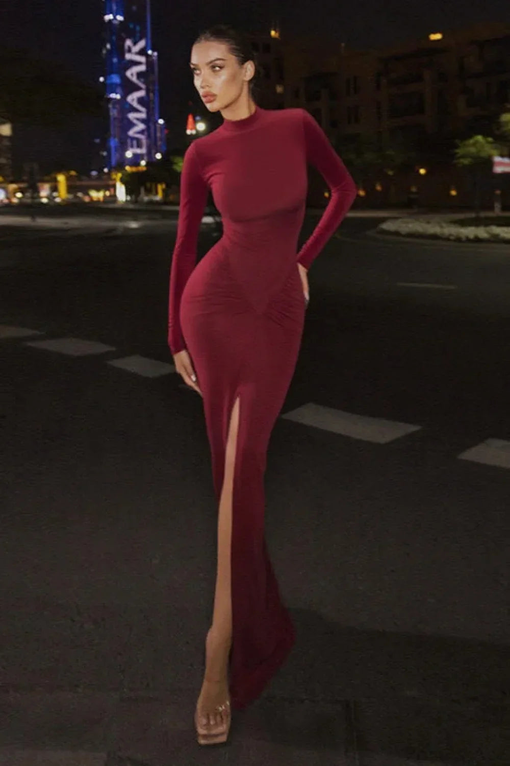 High Neck Long Sleeve Thigh Split Bodycon Gown