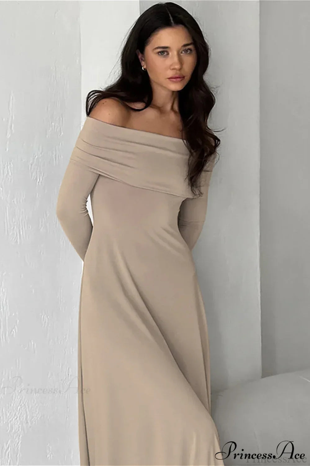 Off Shoulder Long Sleeve A-Line Maxi Dress