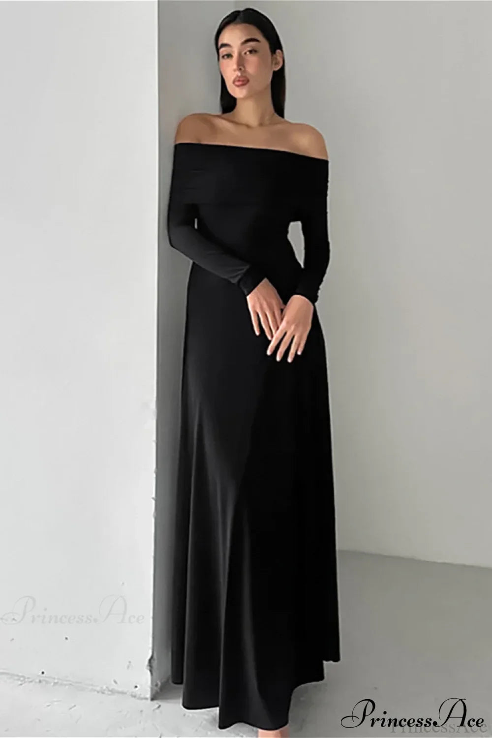 Off Shoulder Long Sleeve A-Line Maxi Dress