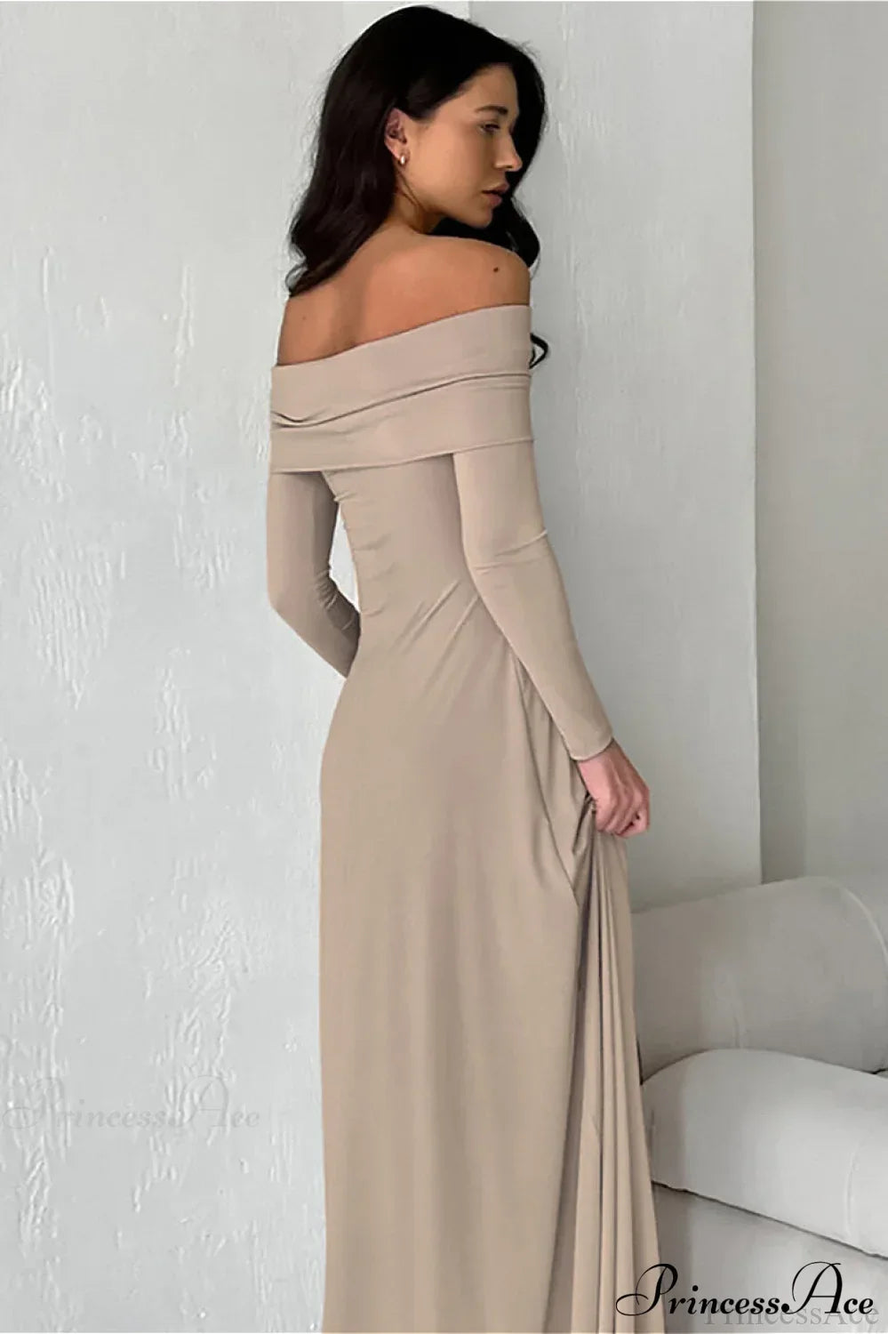 Off Shoulder Long Sleeve A-Line Maxi Dress