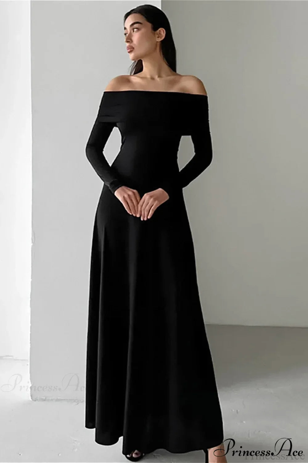 Off Shoulder Long Sleeve A-Line Maxi Dress