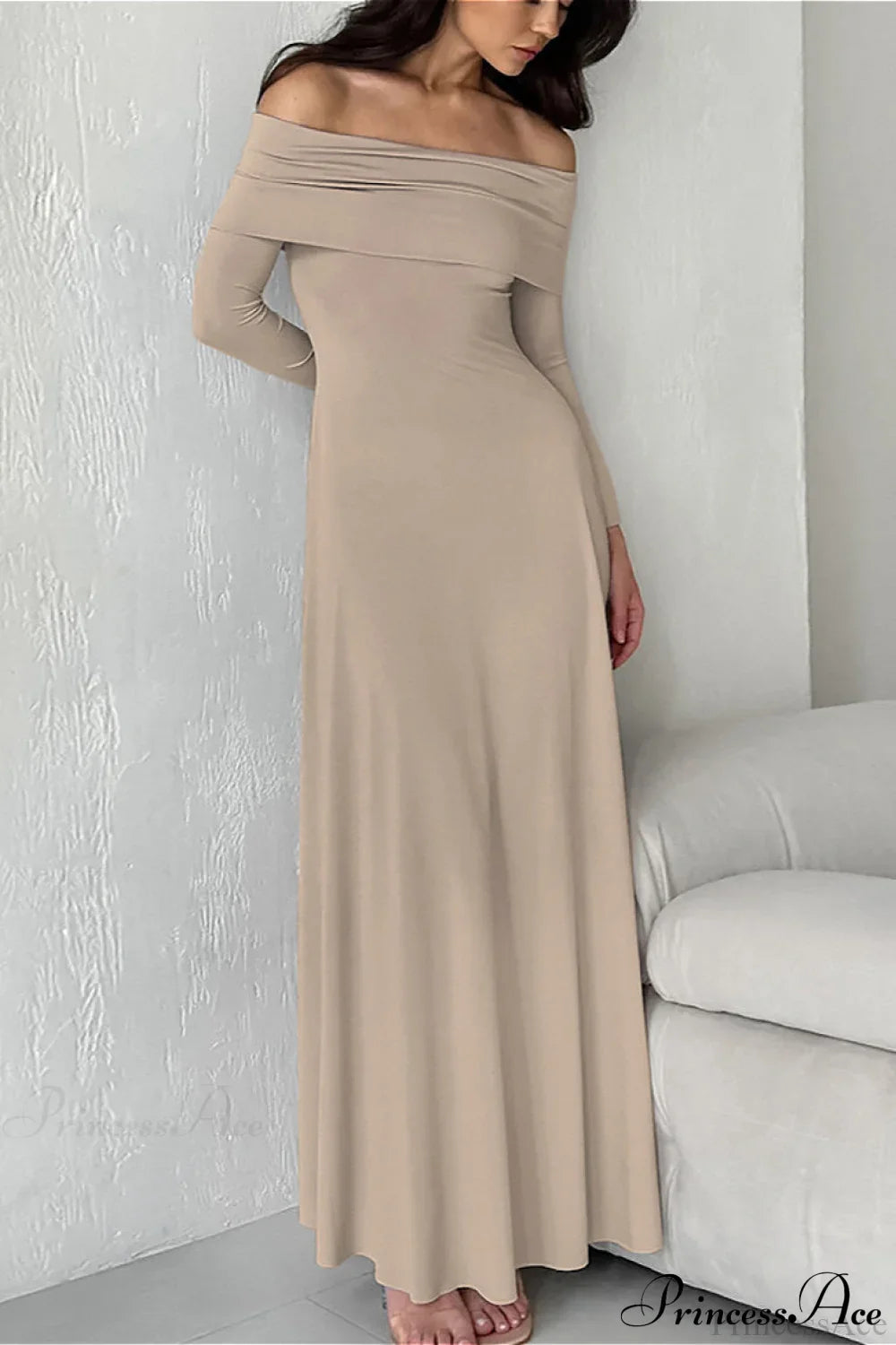 Slinky Off Shoulder Minimal Formal Maxi Dress Khaki / S