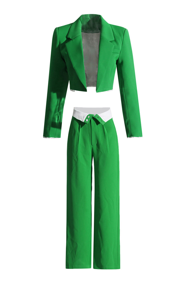Smart Casual Lapel Crop Blazer Contrast Foldover Waist Two Piece Suit Pants Set - Fashionpara