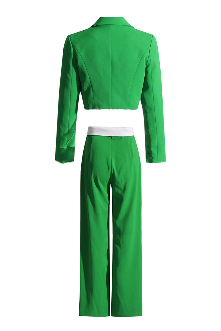 Smart Casual Lapel Crop Blazer Contrast Foldover Waist Two Piece Suit Pants Set - Fashionpara