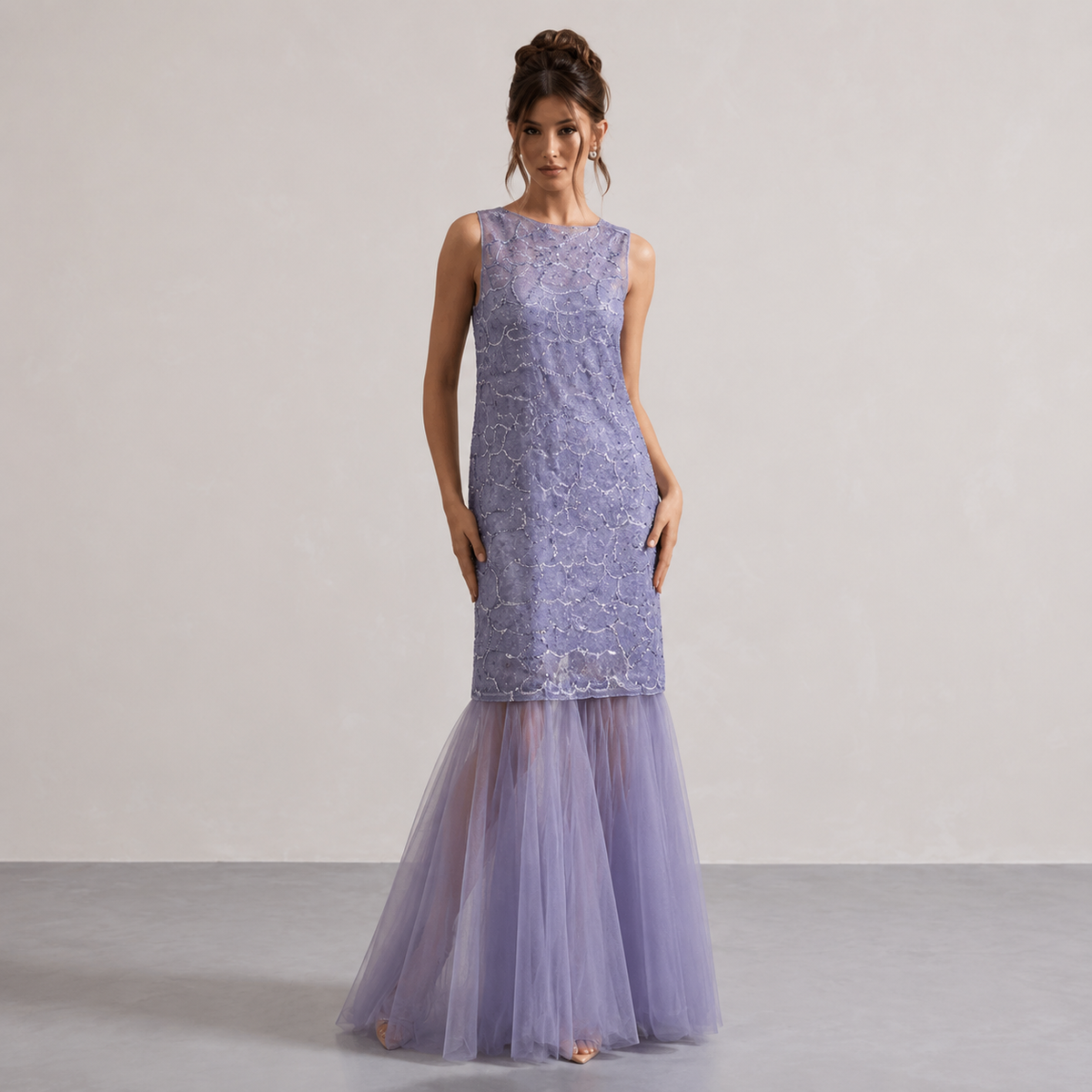 Crew Neck Sleeveless Lace Overlay Sheer Tulle Maxi Dress 7